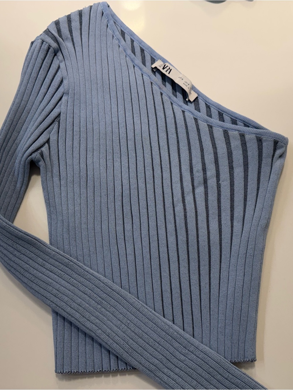 Zara Pale Blue One-Shoulder Ribbed Sweater